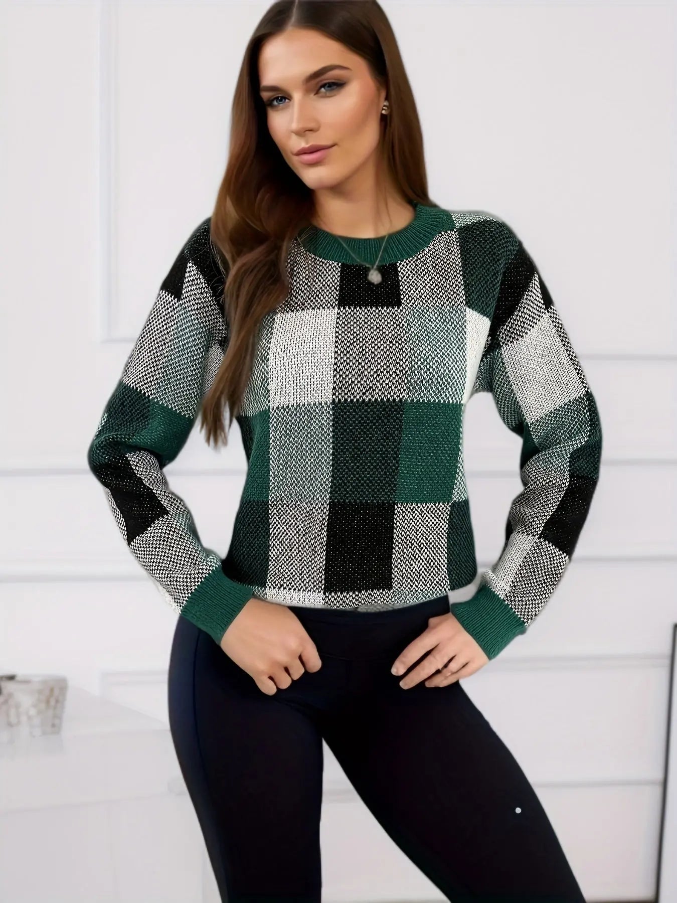 Knit Plaid Print Crew Neck Sweater, Casual Long Sleeve Sweater, Women's Clothing MyFave Boutique