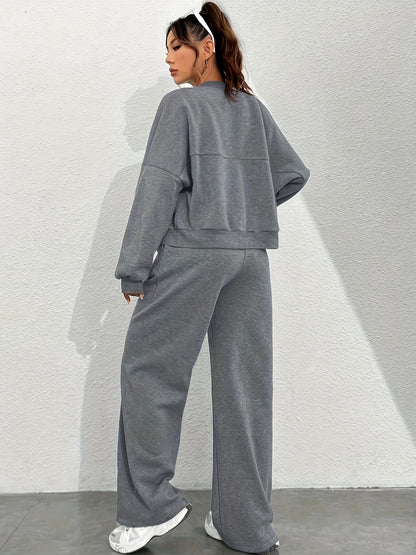 Solid Color Stylish Set, Drop Shoulder Zipper Long Sleeve Sweatshirt & Straight Leg Sweatpants, Women's Clothing MyFave Boutique