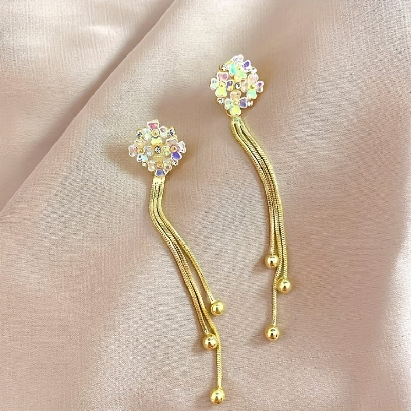 Elegant Golden Tassel Drop Earrings With Crystal Flowers & Zircon - 925 Silvery Post, Perfect For Daily Wear Or Parties Beaded Earrings For Women Flower Earrings For Women MyFave Boutique