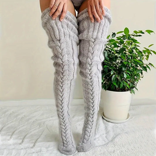 1 Pair Twist Knit Thigh High Stockings, College Style Soft Cozy Over The Knee Socks For Fall & Winter, Women's Stockings & Hosiery MyFave Boutique