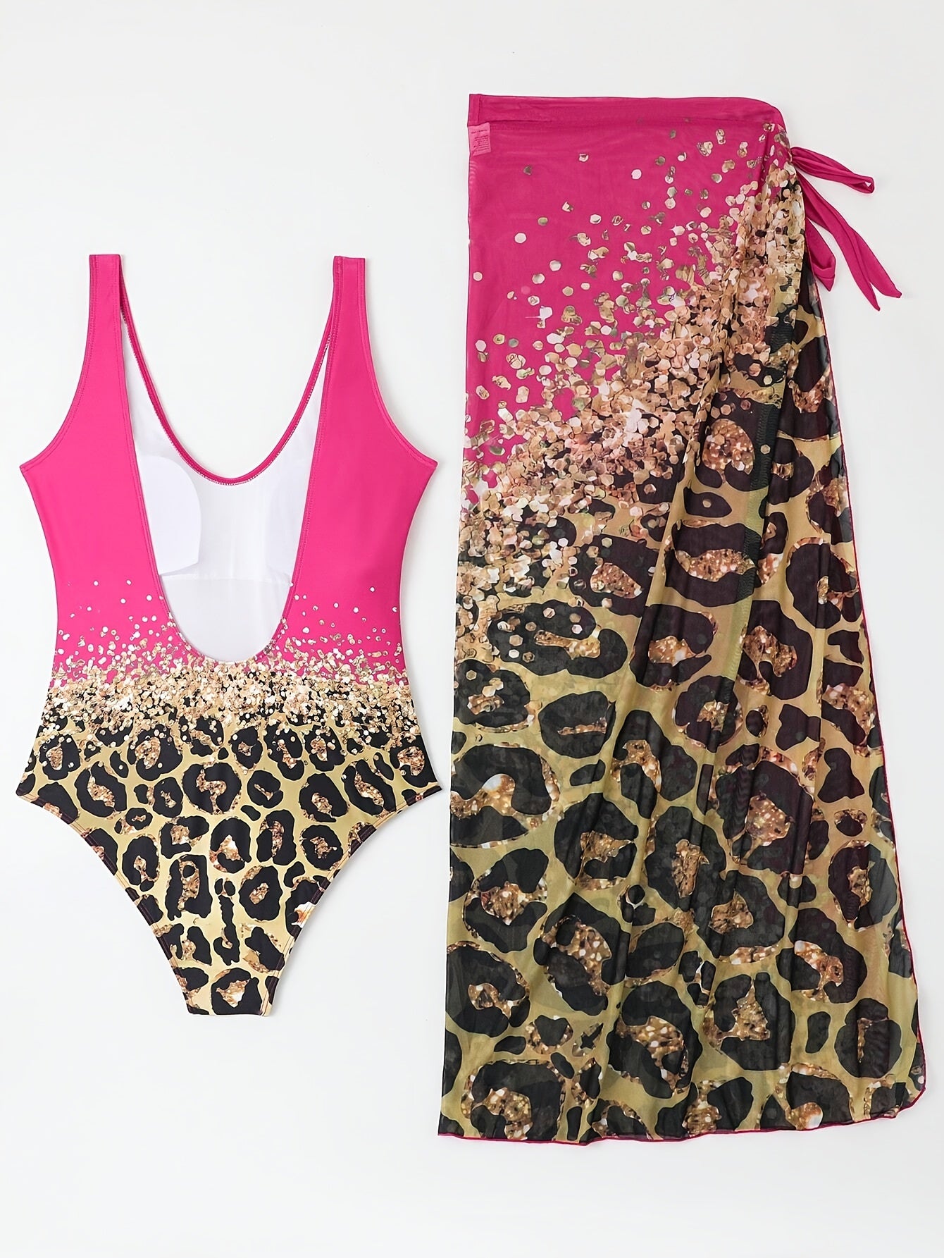 Leopard Print 2 Piece Swimsuits, Backless Sexy One-piece Bathing-suit & Cover Up Skirt, Women's Swimwear & Clothing For Holiday MyFave Boutique