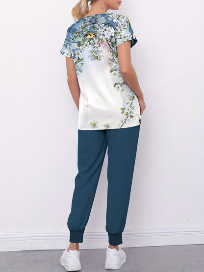 Women's Summer Healthcare Uniform: Comfortable Floral Print Short Sleeve V-neck Top With Dual Pockets & Fitted Bottom Pants - Professional Nursing Outfit MyFave Boutique