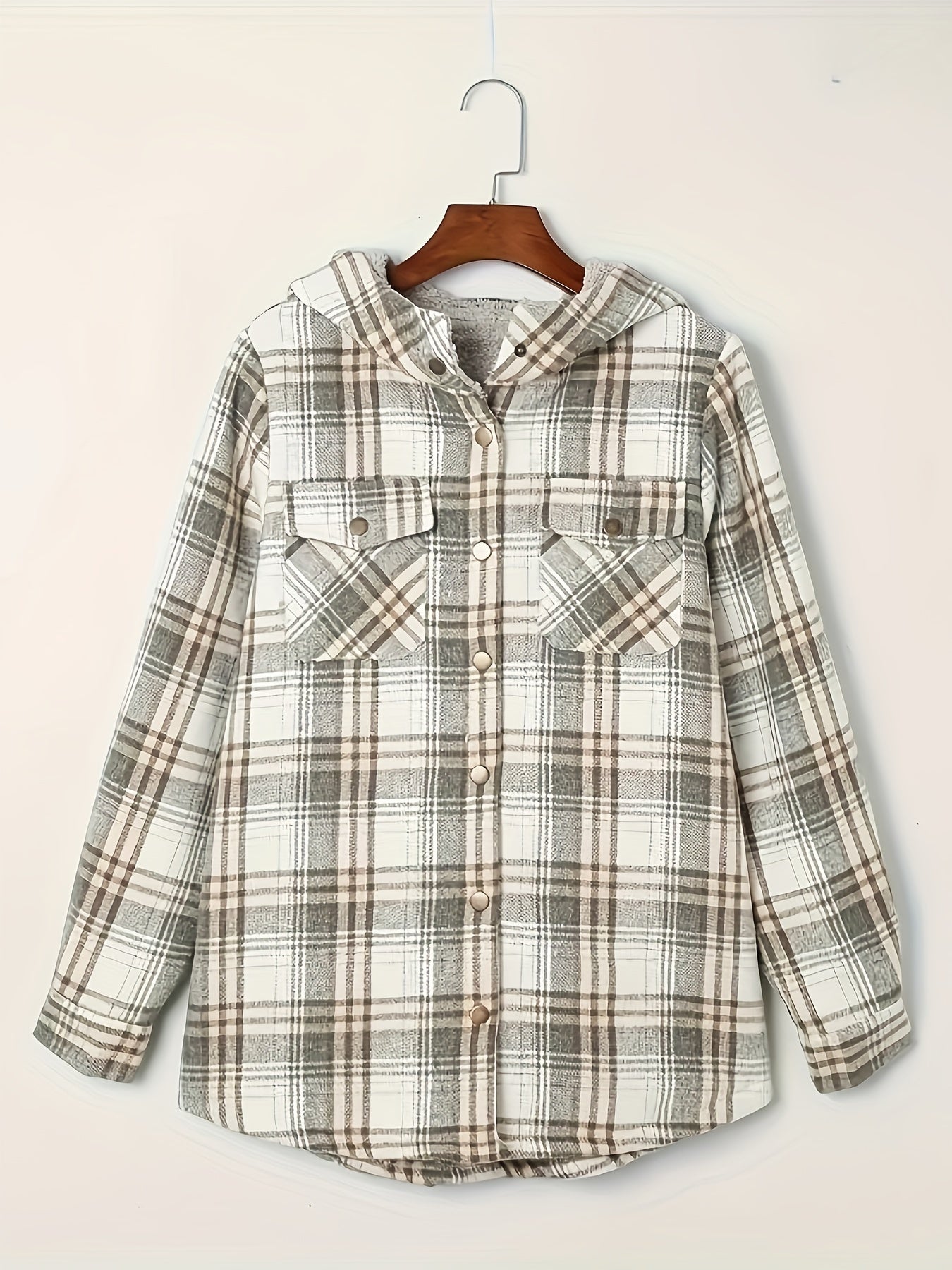 Plaid Pattern Zip Up Jacket, Casual Hooded Long Sleeve Warm Outwear, Women's Clothing MyFave Boutique