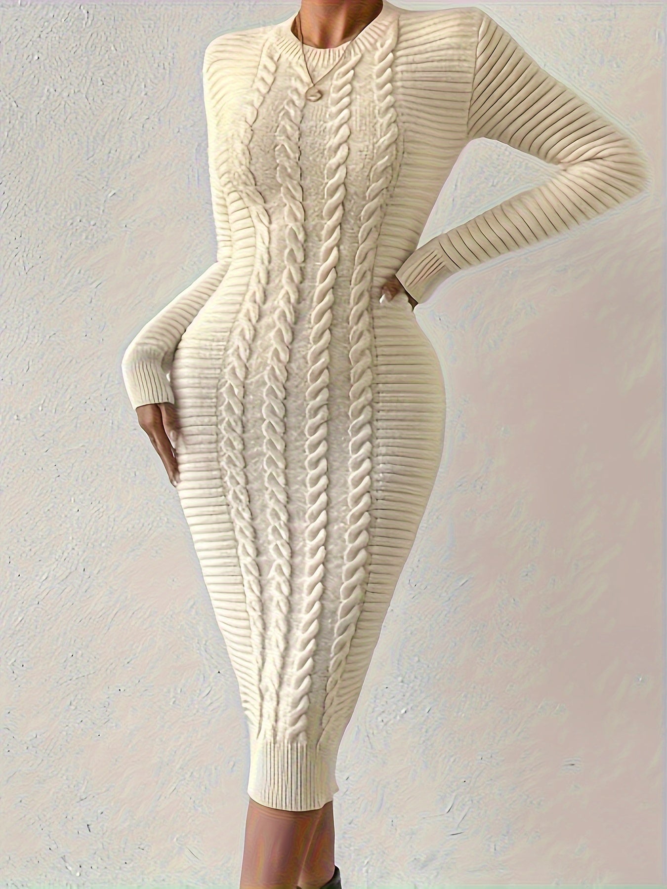 Cable Knit Bodycon Dress, Elegant Solid Color Long Sleeve A-line Dress For Spring & Fall, Women's Clothing MyFave Boutique