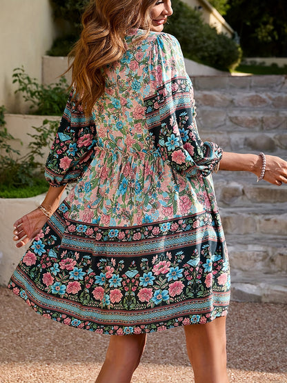 Floral Print V Neck A-line Dress, Casual Long Sleeve Dress For Spring & Fall, Women's Clothing MyFave Boutique