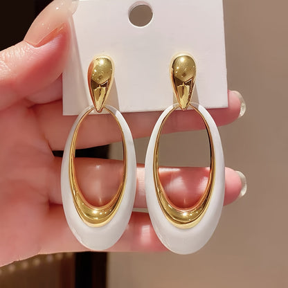 Hollow Oval Shape White Enamel Dangle Earrings Retro Elegant Style Zinc Alloy Jewelry Trendy Female Earrings MyFave Boutique