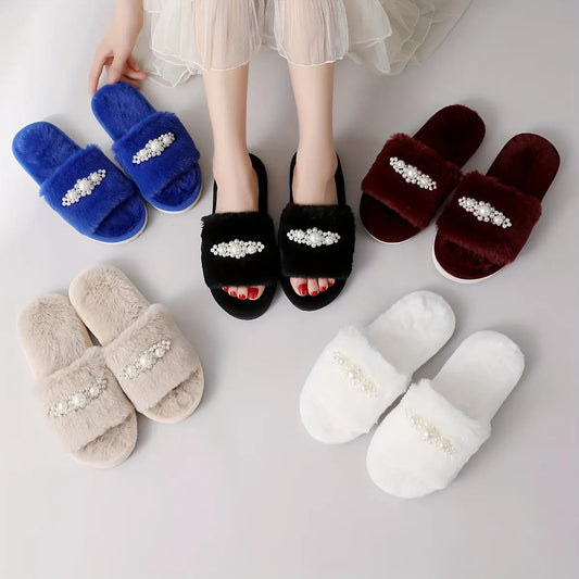 Elegant Faux Pearl Home Slippers, Plush Lined Soft Sole Bedroom Shoes, Non-slip Cozy Shoes MyFave Boutique