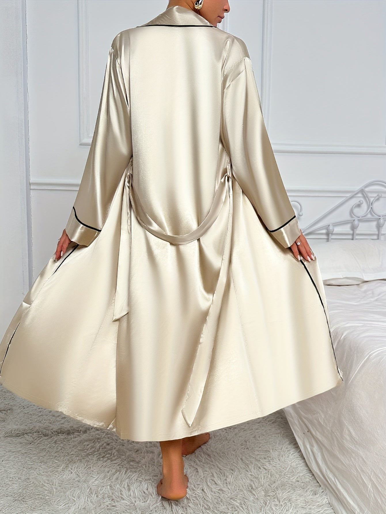 Women's Elegant Silky Contrast Binding Pajama Set, Long Sleeve Robe & Slip Dress, Comfortable Relaxed Fit MyFave Boutique