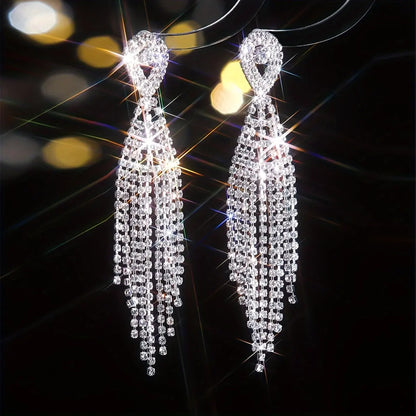 1 Pair Of Elegant Dangle Earrings Sparkling Tassel Design Paved Rhinestone Golden Or Silvery Pick A Color U Prefer Wedding Jewelry MyFave Boutique