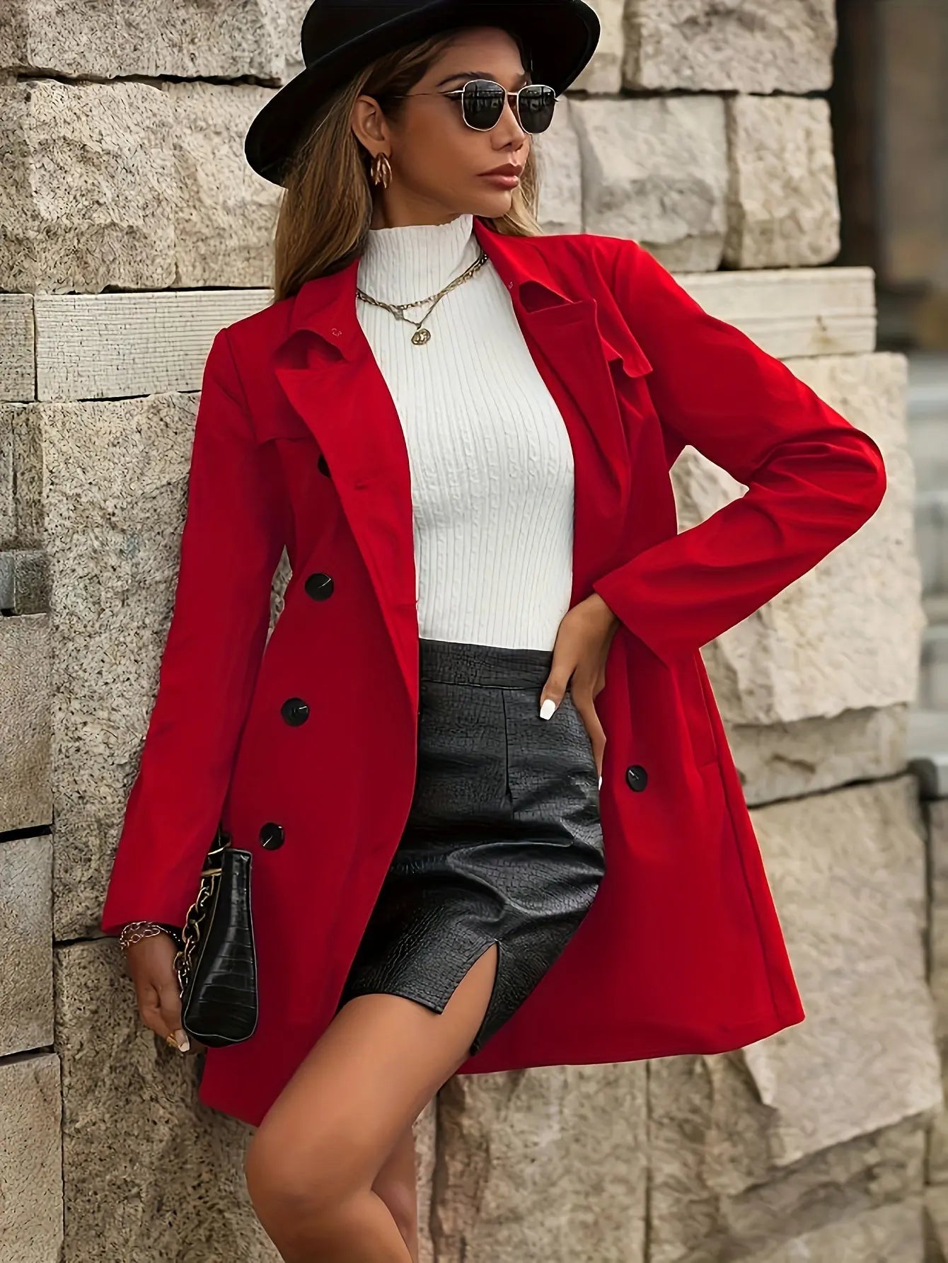 Women's Classic Double Breasted Red Trench Coat with Belt, Casual Solid Color Polyester Long Jacket with Button Details, Woven Outerwear MyFave Boutique