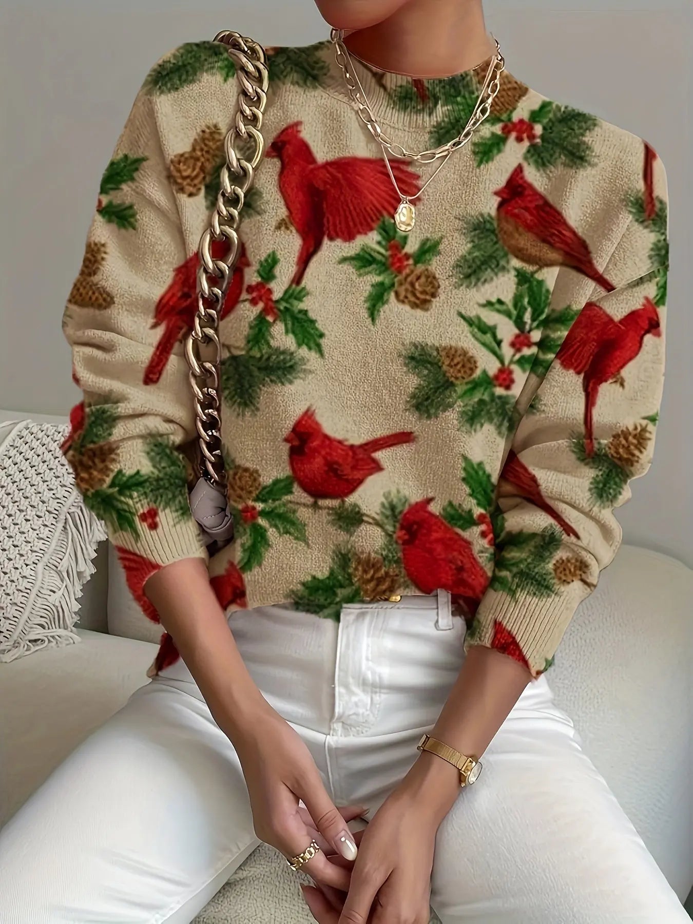 Birds & Plant Print Crew Neck Pullover Sweater, Elegant Long Sleeve Knitted Sweater For Fall & Winter, Women's Clothing MyFave Boutique