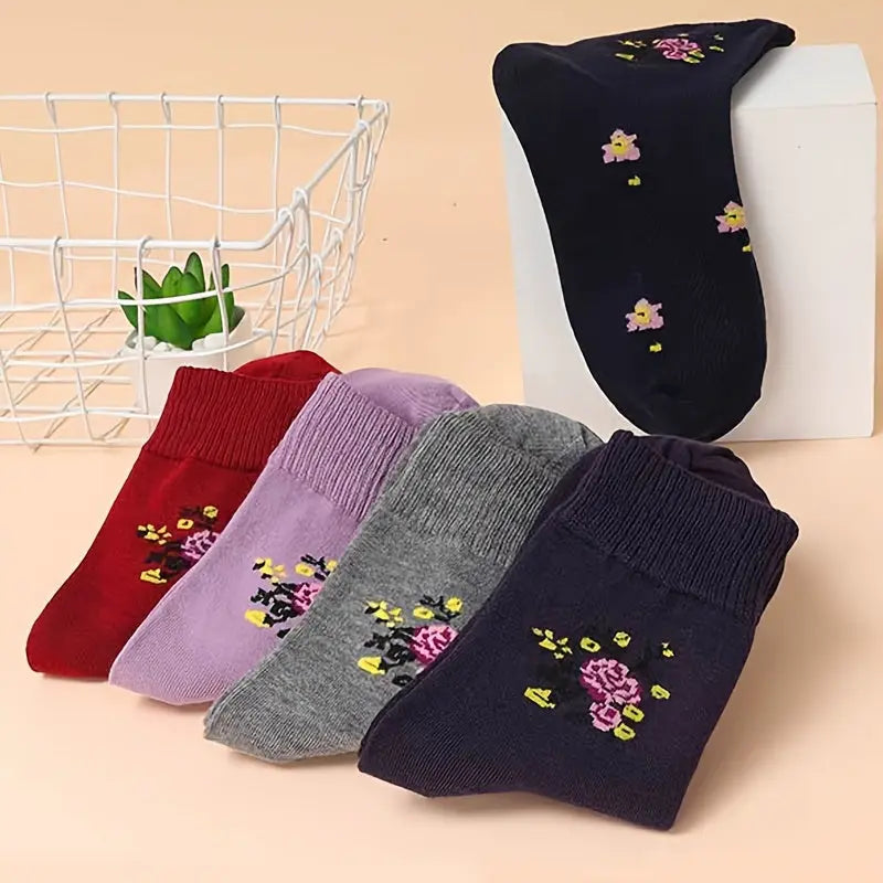 5 Pairs Floral Pattern Crew Socks, Warm Thick All-match Mid Tube Socks For Fall & Winter, Women's Stockings & Hosiery MyFave Boutique